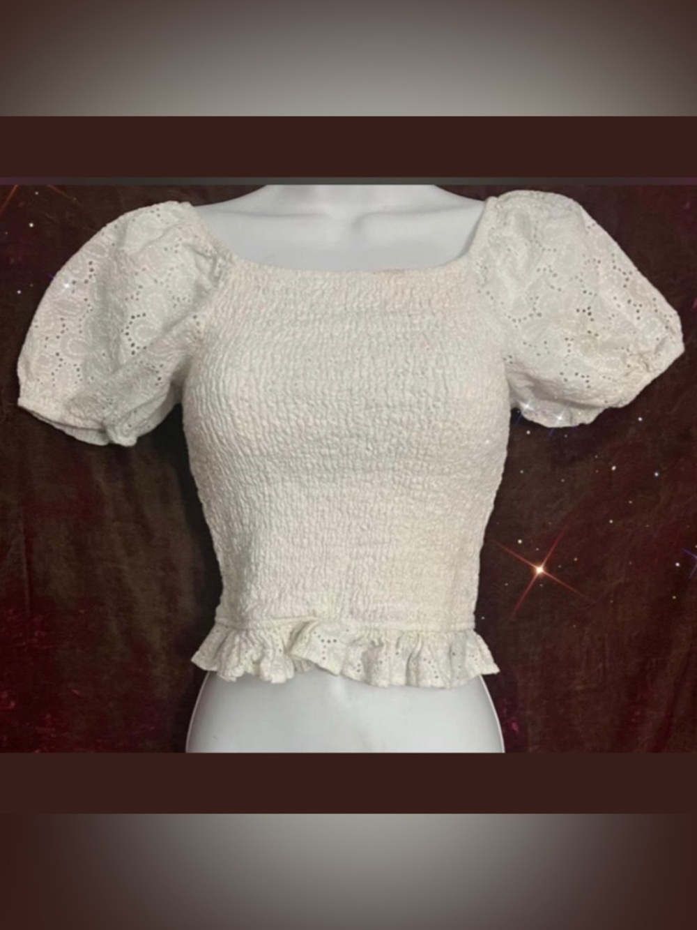 White Puff-Sleeve Smocked Crop Top with Eyelet Ruffle
